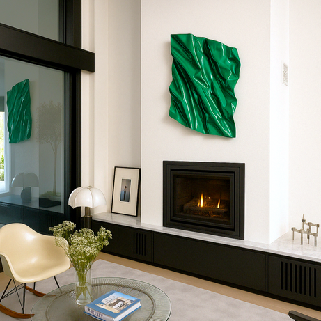 Escultura de metal dorado para salón moderno, obra contemporánea exclusiva ideal para decoración de interiores de alto nivel.