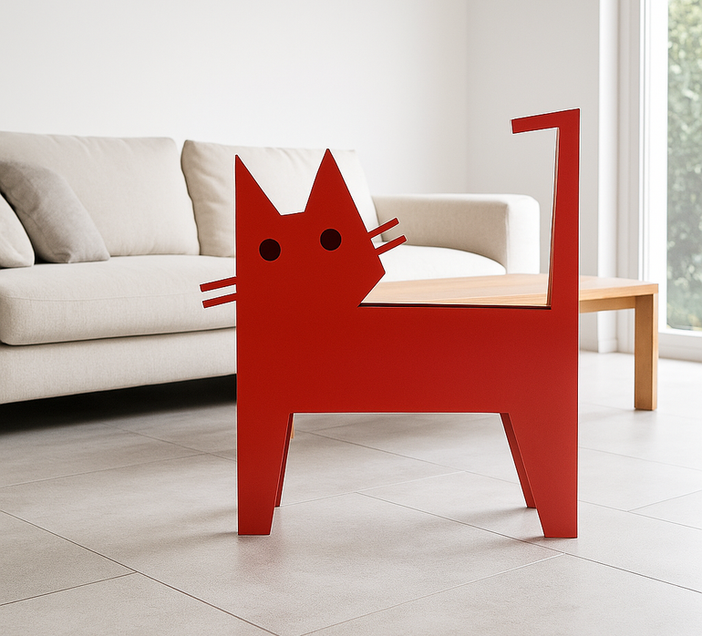 Escultura de metal rojo con diseño animal contemporáneo, ideal para decoración de interiores modernos con carácter artístico. Obra exclusiva de José Soler.